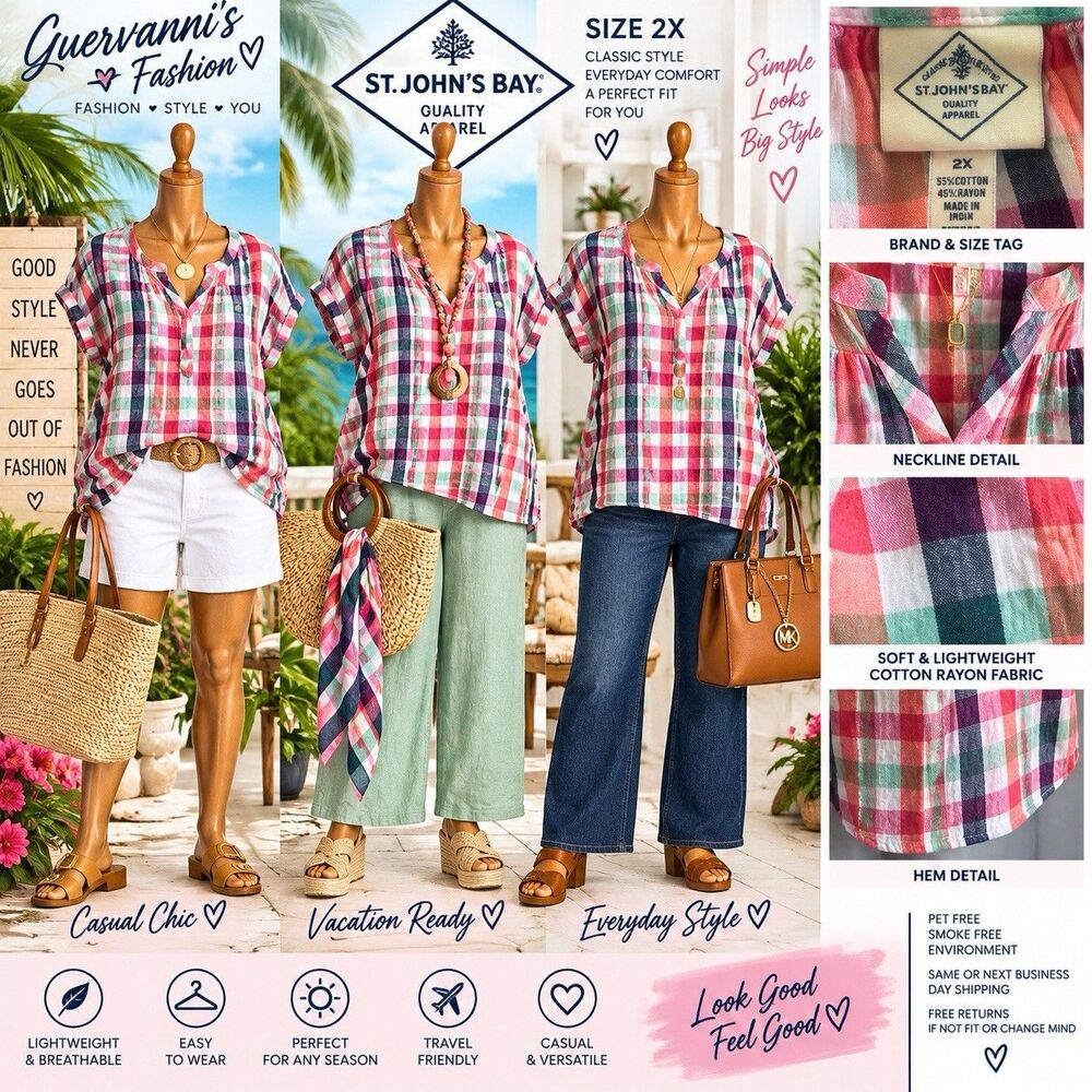 ST John’s Bay Womens Blouse Floral Size 2X Multi color Plaid Short sleeve